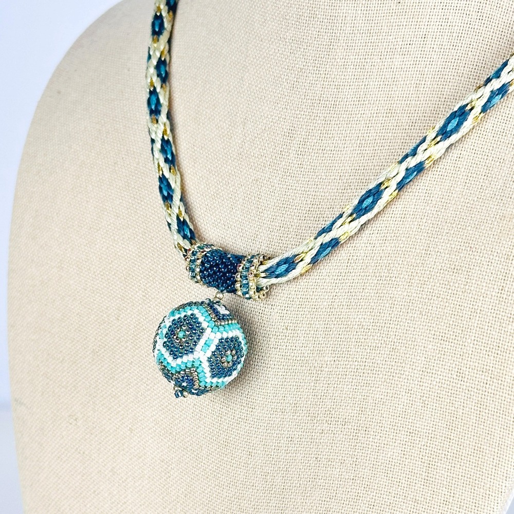 Artisan Boho Teal Blue Gold Crochet Seed Beaded Orb Braided Cord Necklace - Picture 3 of 7